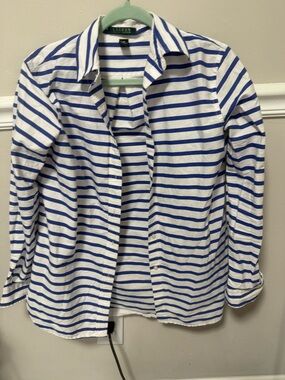Lauren Ralph Lauren White and Blue Striped Button-Down Shirt